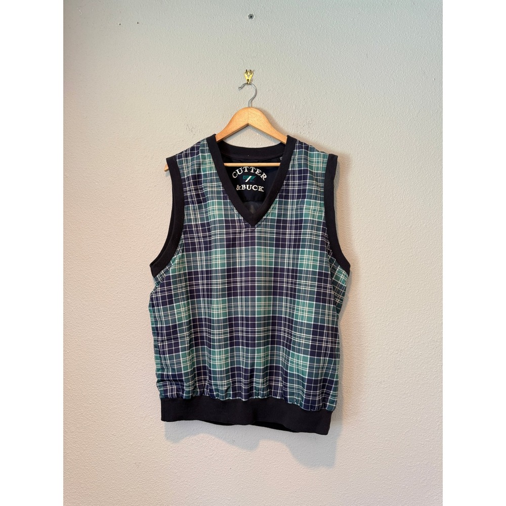 Cutter & Buck Mens Large Plaid Golf Wind Vest ClimaGuard Navy Green V-Neck